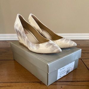 BCBG snake print leather wedges